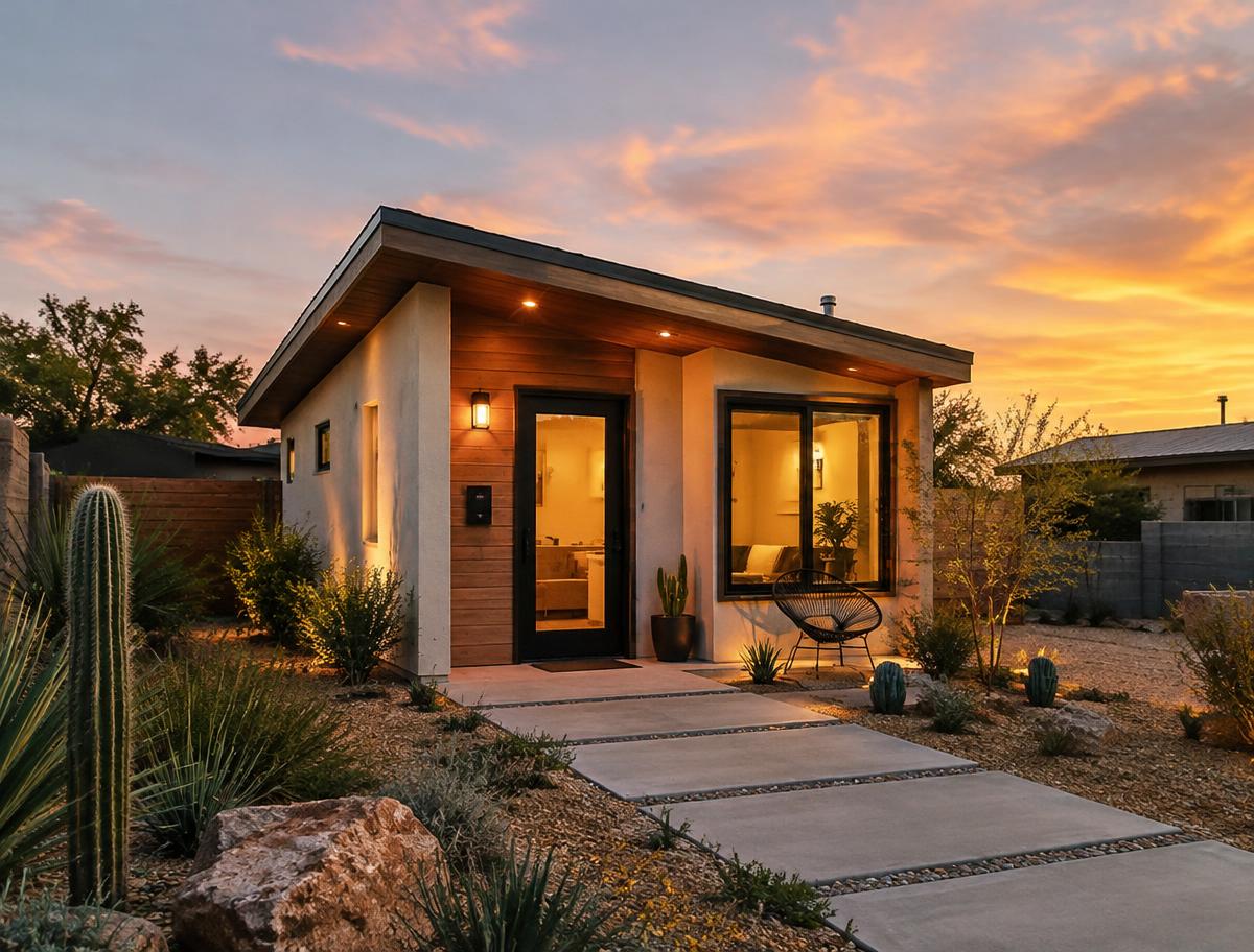 Small modern casita in a desert backyard at sunset