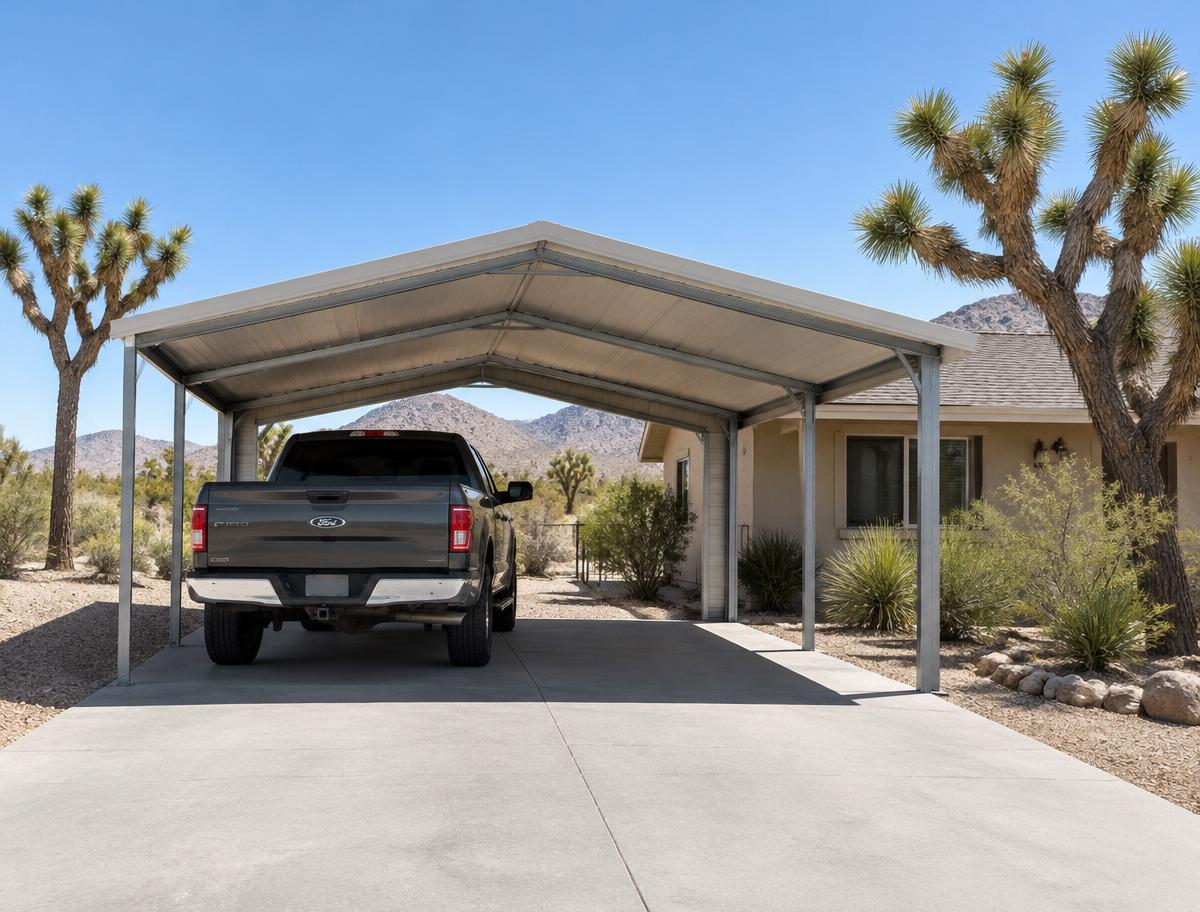 Open metal carport with a pickup truck parked beneath it