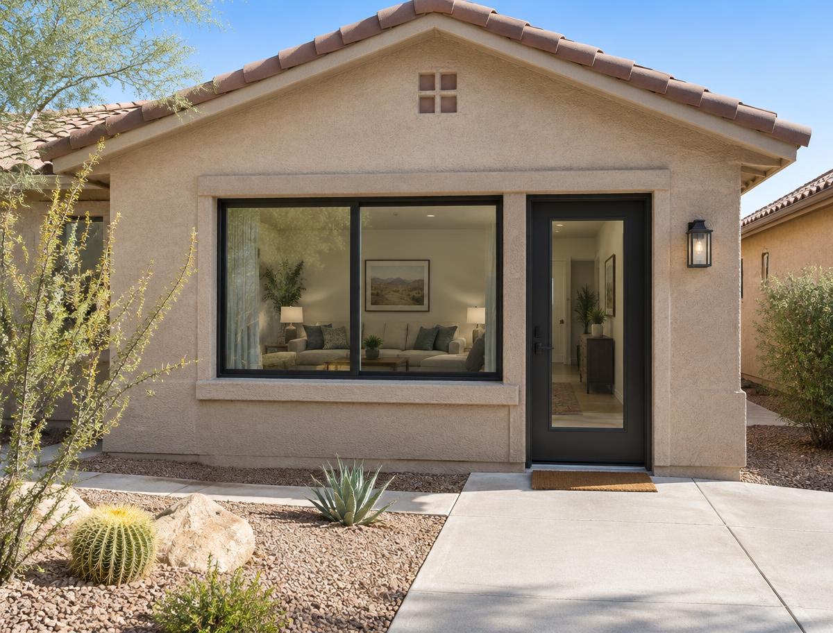 Garage converted to living space with a large window and door