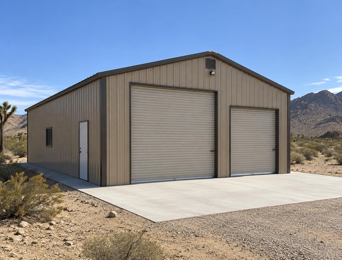 Enclosed tan metal garage with roll-up doors on a concrete pad
