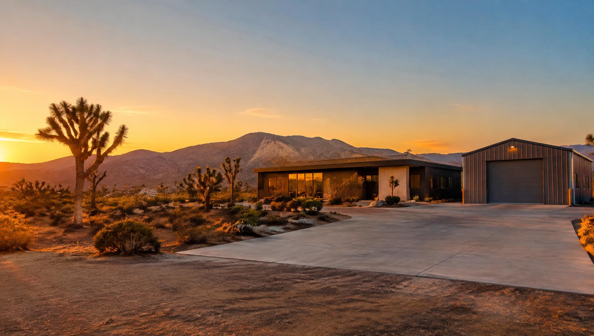 Desert home with a concrete driveway and metal garage at sunset