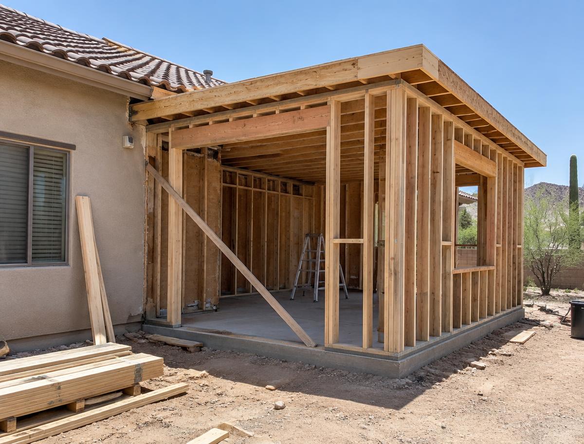 Wood-framed home addition attached to a stucco desert house