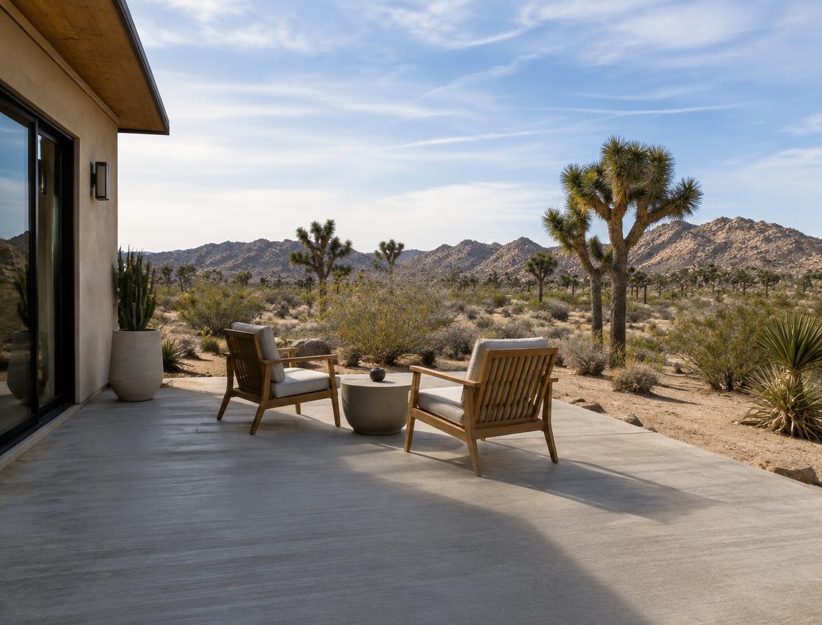 Concrete patio behind a desert home with Joshua trees