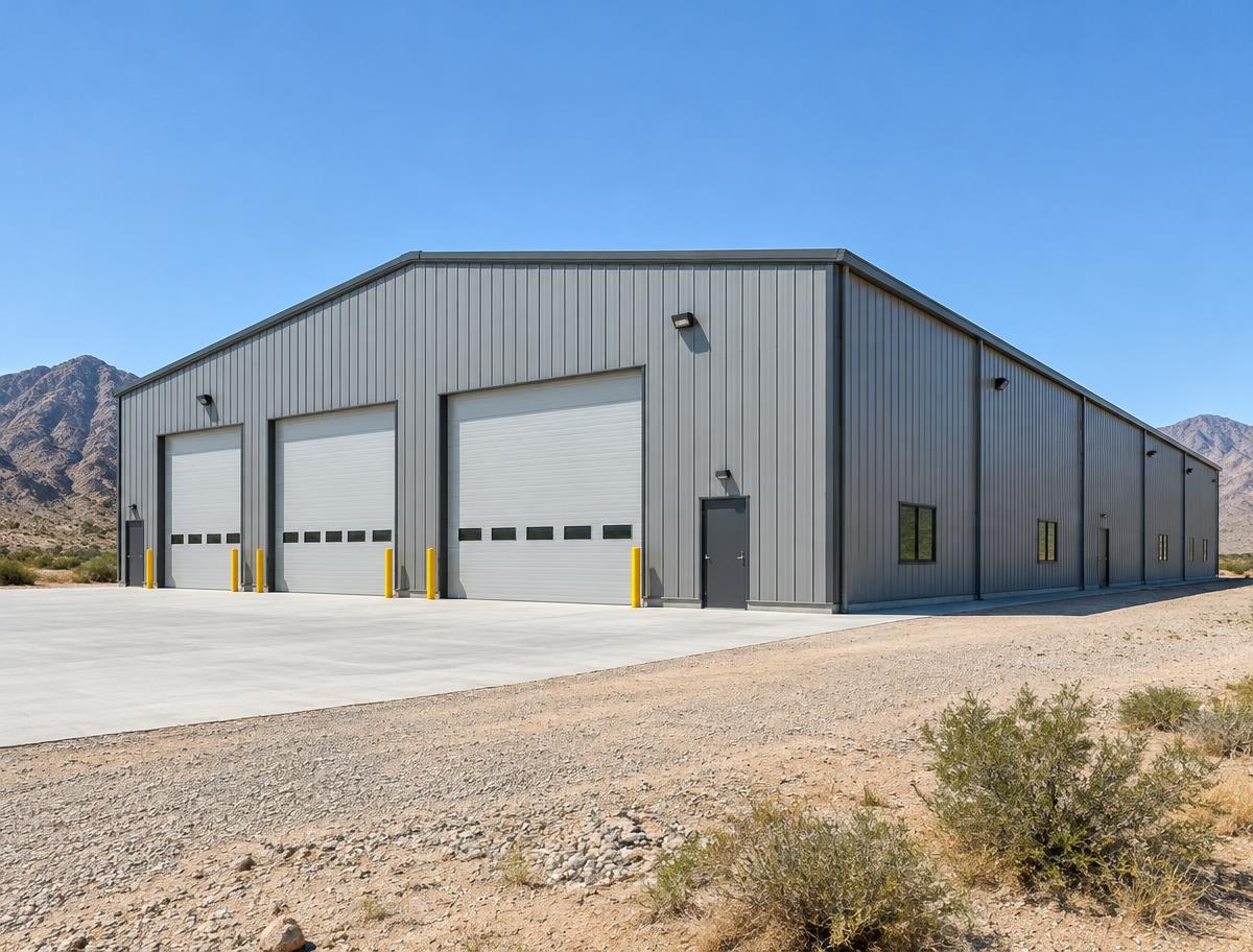 Large gray pre-engineered metal building with overhead doors