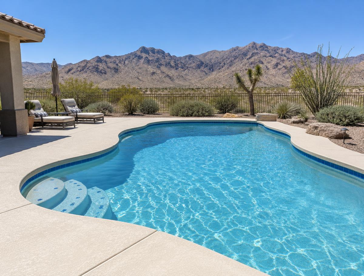 Light concrete pool deck around a backyard pool in the desert
