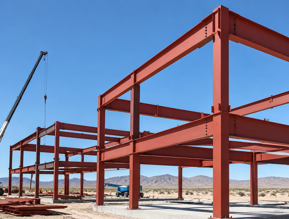 Red primed structural steel frame being erected in the desert