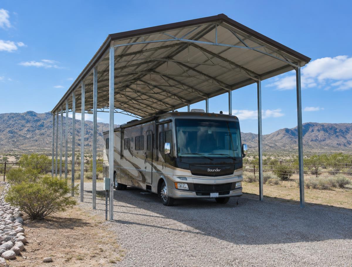 Tall open-sided metal RV cover with a motorhome parked underneath