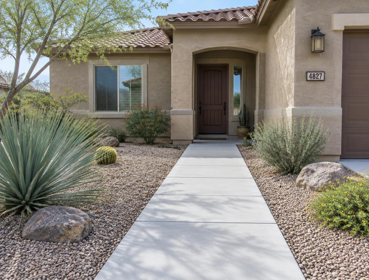 New concrete sidewalk leading to a stucco desert house