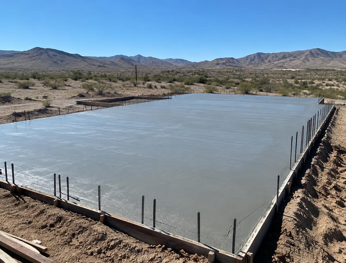 Freshly poured concrete slab on a desert construction site