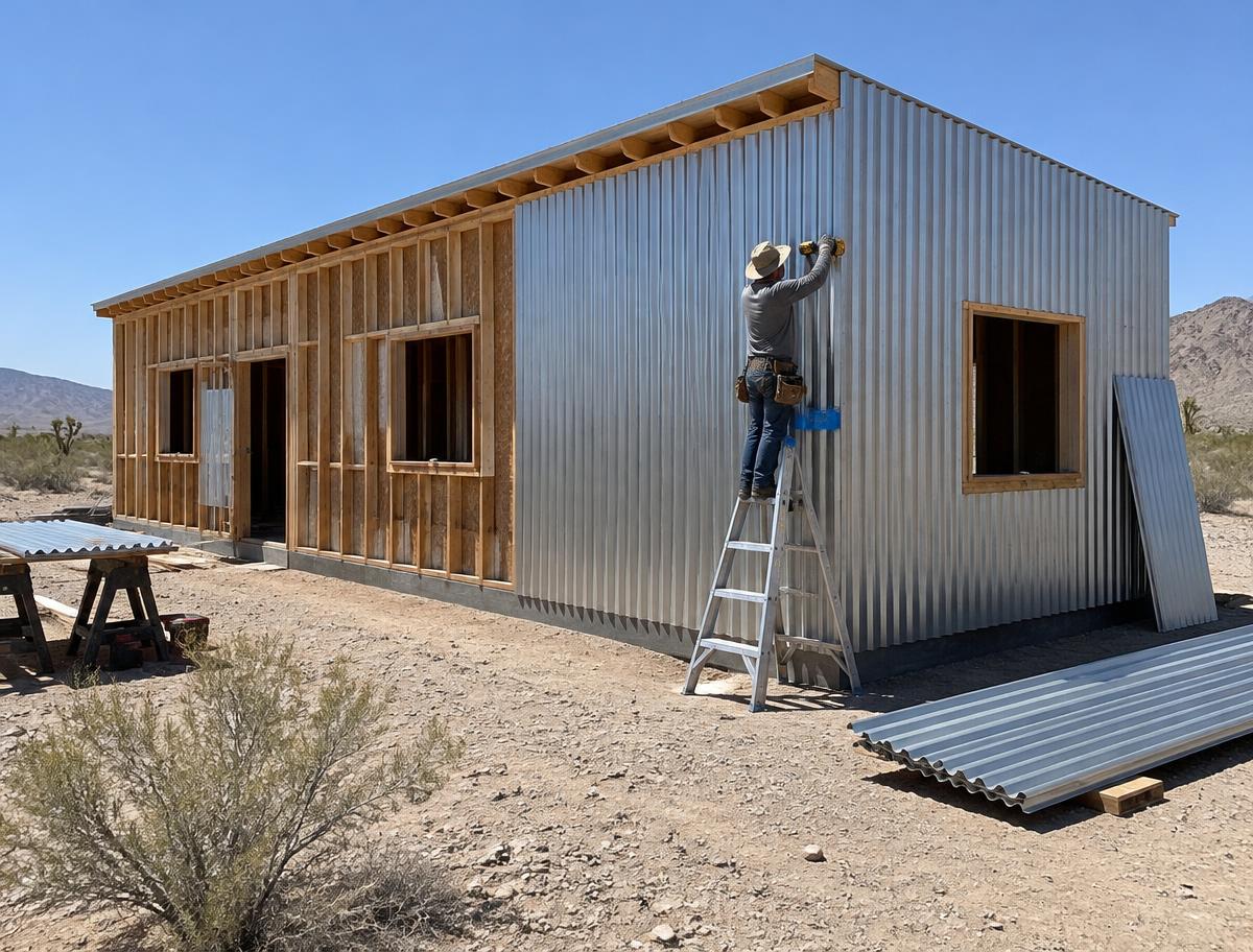 Wood-framed building being clad with corrugated metal siding