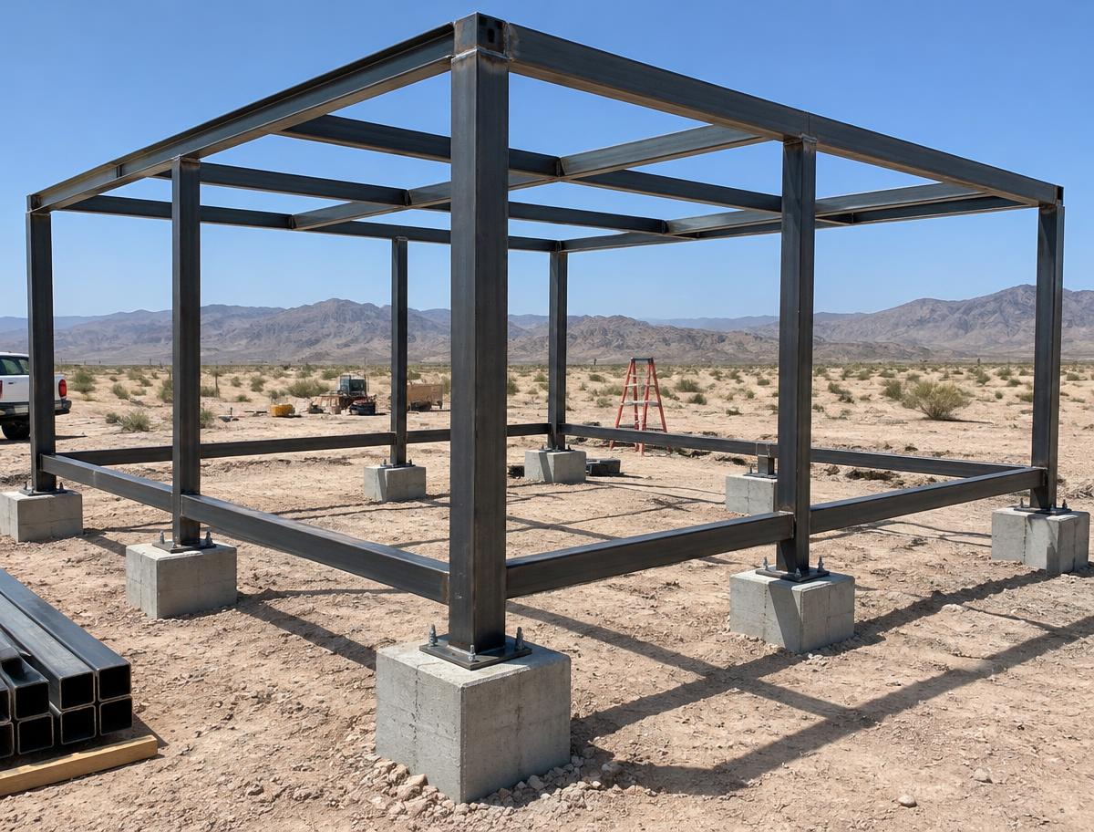 Square tube steel frame on concrete footings at a desert site